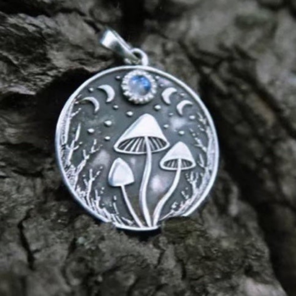 Mushroom moon phases necklace silver Jewelry moonstone crystal gem womans boho
